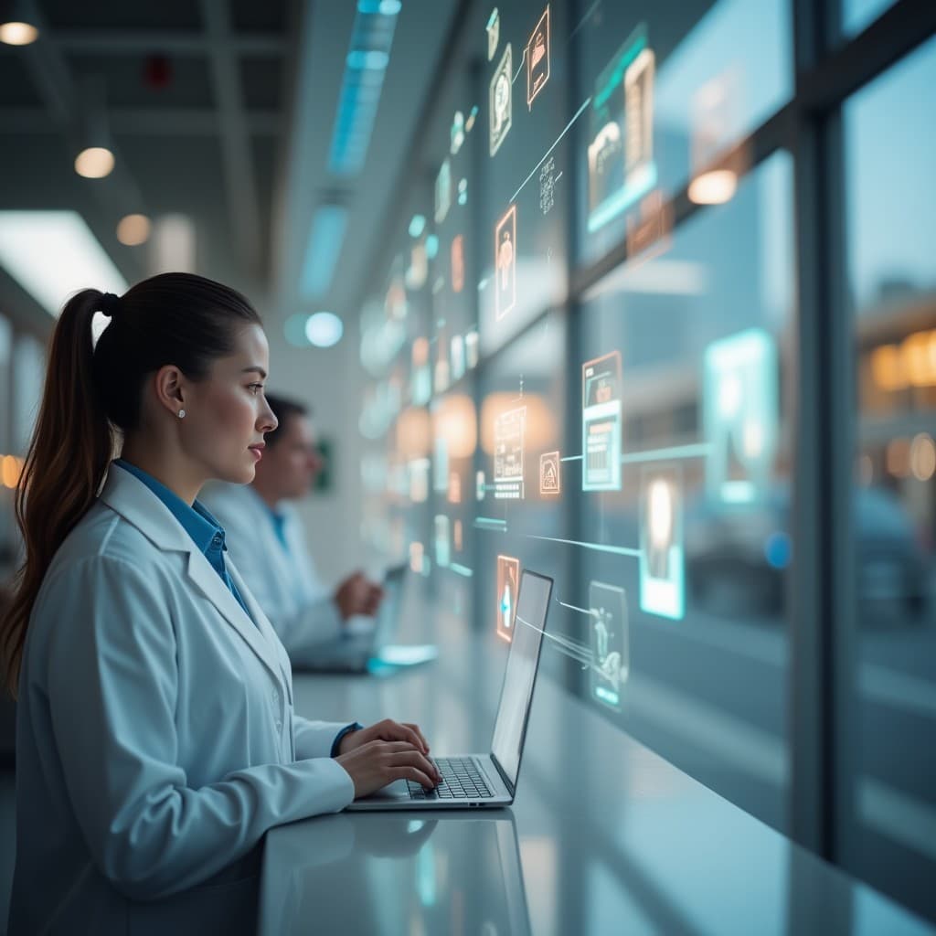 Moderne iconen van diverse sectoren verbonden door een AI-netwerk